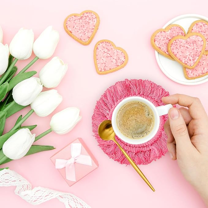 Whaline 4Pcs Boho Macrame Coasters Handmade Woven Drink Coasters Red Pink Farmhouse Cup Mat Pad for Home Kitchen Office Valentine's Day Party Table Decor