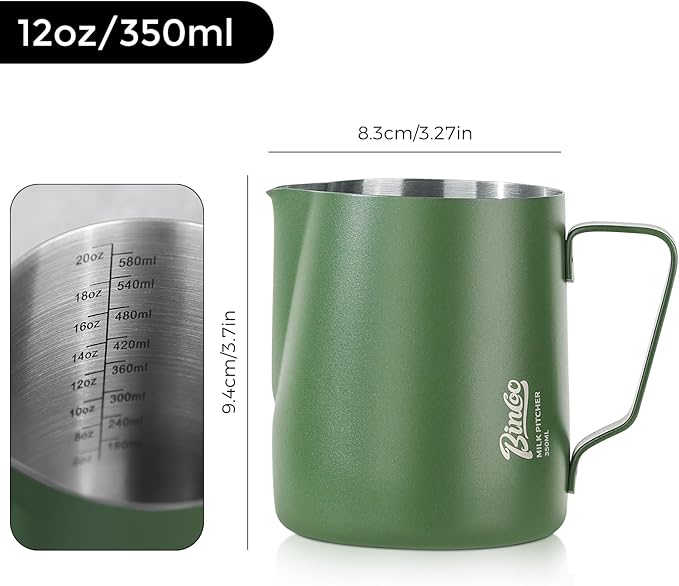 Milk Frothing Pitcher – Stainless Steel Latte Art Pitcher for Steaming and Frothing Milk – Espresso Coffee Milk Jug with Handle – Barista Tool for Latte, Cappuccino(Green-12oz)