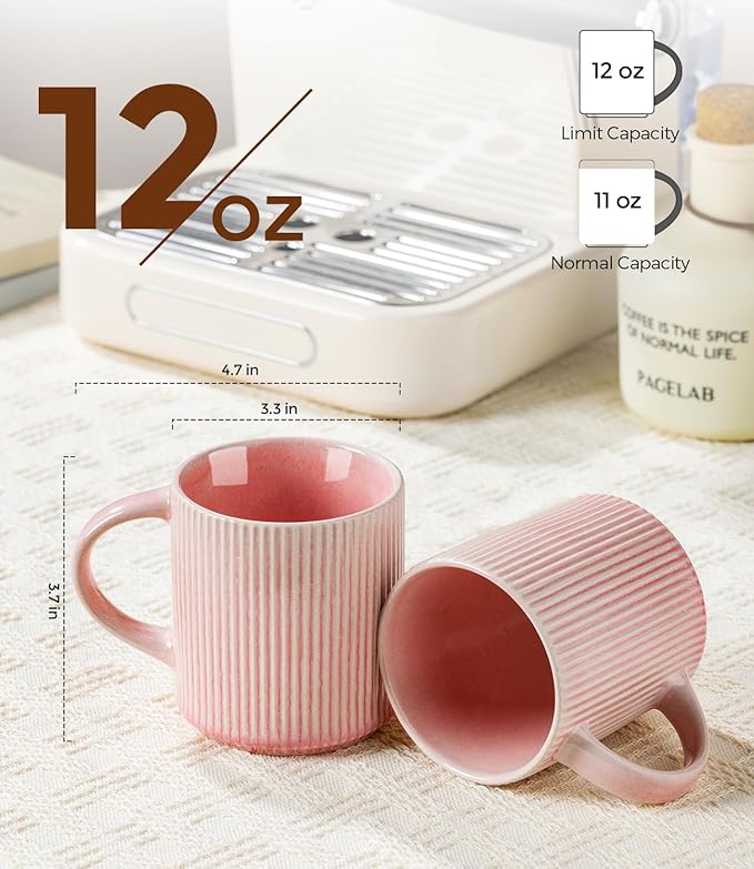 GBhome Coffee Mugs Set for 6, 12oz Coffee Cups with Handle for Man,Woman,Dad,Mom, Stoneware Mugs Sets for Coffee, Latte,Tea, Hot Cocoa, Milk, Dishwasher&Microwave Safe,Pink
