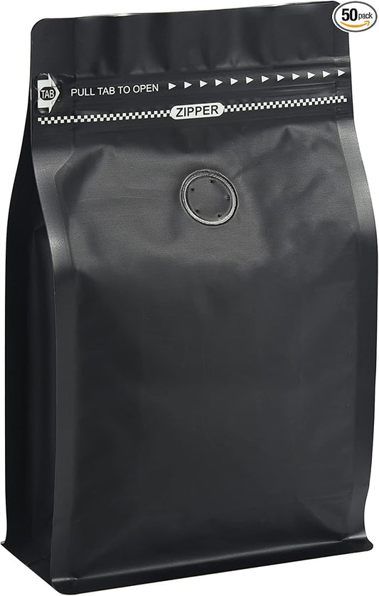 Pack of 50 1 LB Black Color Foil Coffee Bags - High Barrier Aluminum Foil - Flat Bottom Coffee Pouches with Degassing Valve, Food Storage Bags with Rsealable Zipper & Easy Open Tape (50 Pieces,