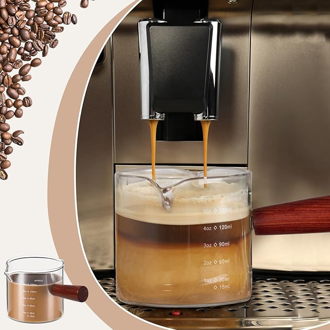 Zubebe 2 Pack 150 Ml/ 5 oz Double Spouts Espresso Shot Glasses with Wood Handle Measuring Triple Pitcher Milk Cup Clear Espresso Measuring Cup Glass for Barista Coffee Measure