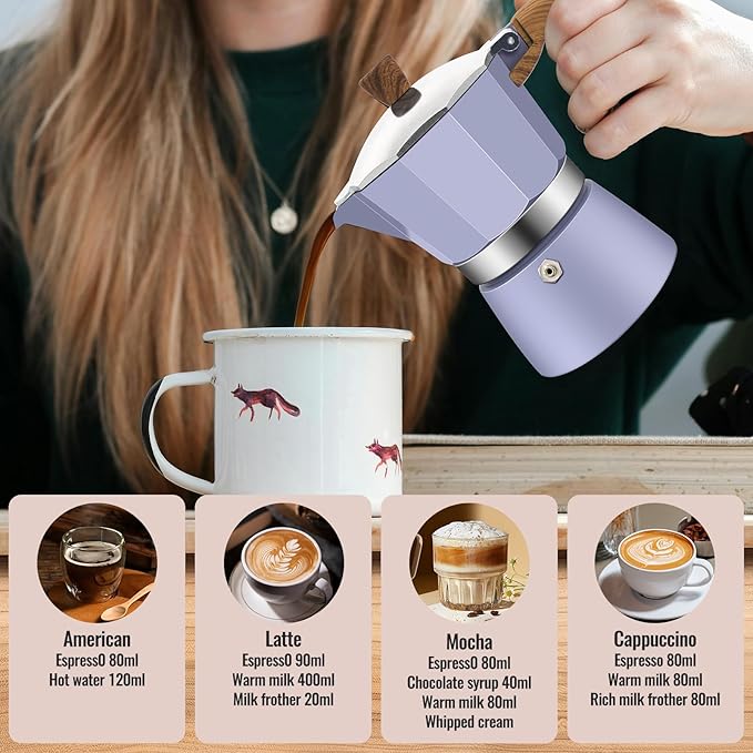 Vaolvpant 6 Cup Aluminum Moka Pot Classic Stovetop Espresso Coffee Maker 300ml 10oz Coffeemaker Percolator Mocha Pot Greca Coffee Maker Cafe Makers for Italian and Cuban Café Brewing Purple