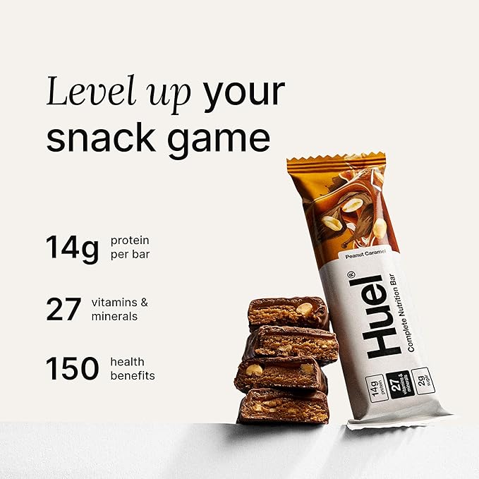 Huel Complete Nutrition Vegan Protein Bars | Peanut Caramel | 13g Protein | 27 Vitamins & Minerals, 2g Sugar, Non-GMO, 100% Plant Based Snack | 12 Pack
