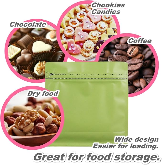 60 Pack High Barrier Stand-Up Coffee Bean Bags with Vented Valve Matte Metallic Heat-Sealable & Resealable Solid Color Pouches (Square,5.3 * 5.5 inch,1/4 lb,Avocado Green)