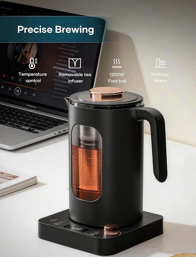 Electric Tea Kettle, Electric Kettle with Tea Infuser, ±1℉ Knob Temperature Control, BPA-Free Glass, 1200W Fast Heating, Easy to Clean, 1 Liter (Dark Gray)