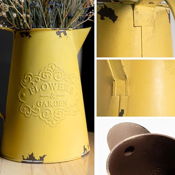 APSOONSELL Yellow Metal Flower Vase Vintage Jug Pitcher Shabby Chic Decor Rustic Farmhouse Kitchen Decor for Home