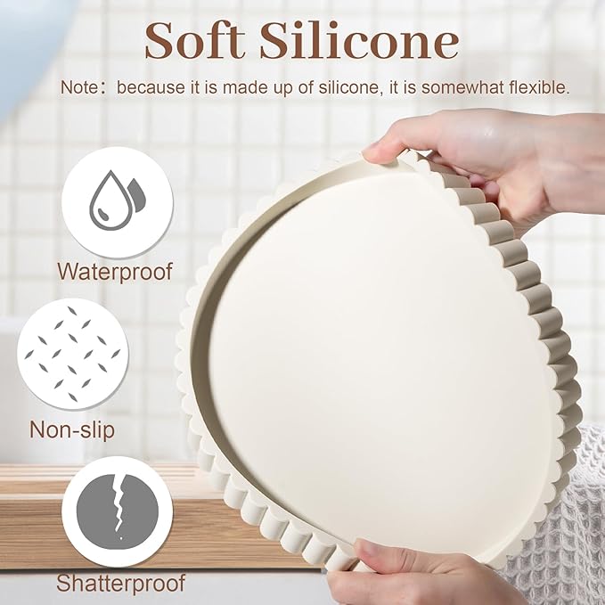 Round Bathroom Tray Silicone Kitchen Counter Decor Vanity Organizer Decorative Coffee Table Tray for Perfume, Candle, Soap Dish, 12 Inch, Beige