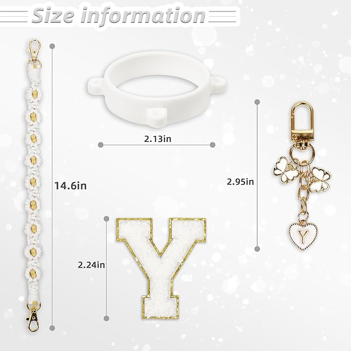 Compatible with Owala Water Bottle Accessories, Cute Letter Charm Set with Boho Handle Strap, Monogram Sticker, Silicone Ring, Keychain Decoration, for FreeSip 24 32 40oz, Owala Kids, Tumbler Gift