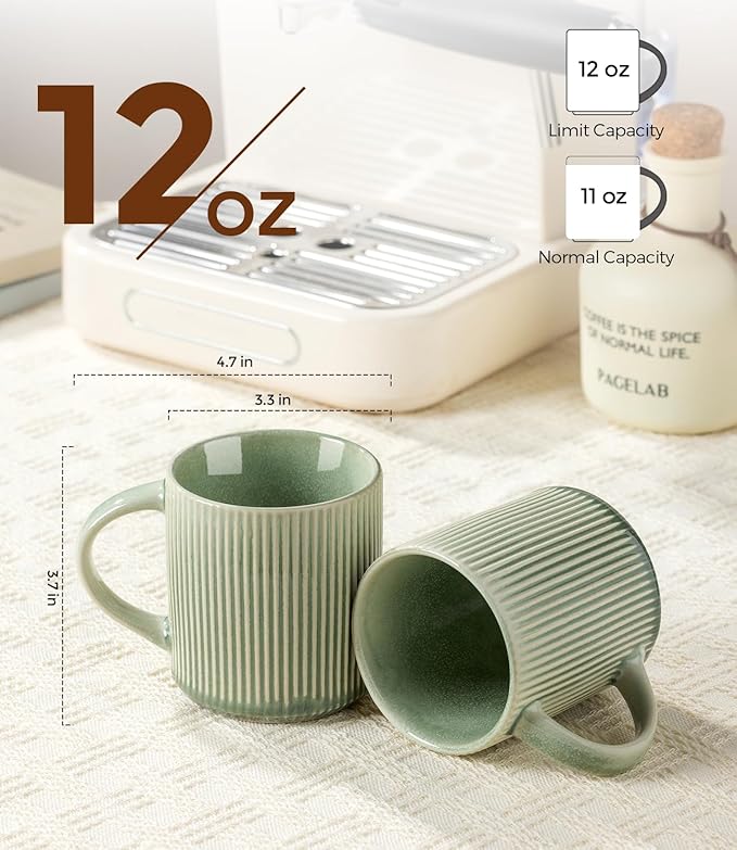 GBhome Coffee Mugs Set for 6, 12oz Coffee Cups with Handle for Man,Woman,Dad,Mom, Stoneware Mugs Sets for Coffee, Latte,Tea, Hot Cocoa, Milk, Dishwasher&Microwave Safe,Light Green