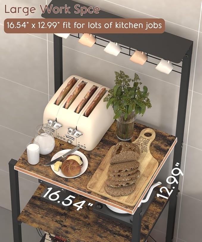 4 Tier Coffee Bar Station, Corner Bakers Rack with 5 Hooks & Wire Basket, Coffee Maker Stand for Small Space, Kitchen Storage Shelf for Entryway, Living Room, Café, Black, 16.5"x13"x47.8"