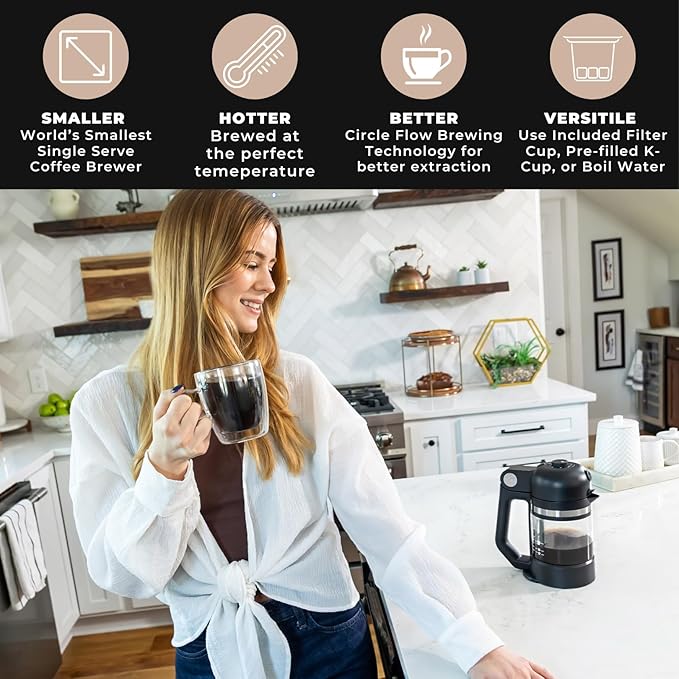 VINCI Micro Café Smallest Single-Serve Coffee Brewer | Compatible with Keurig K-Cups, K-Pods | Glass Carafe | Enclosed Brewing for Hotter Coffee | Large Capacity Reusable Filter Cup Included (Black)