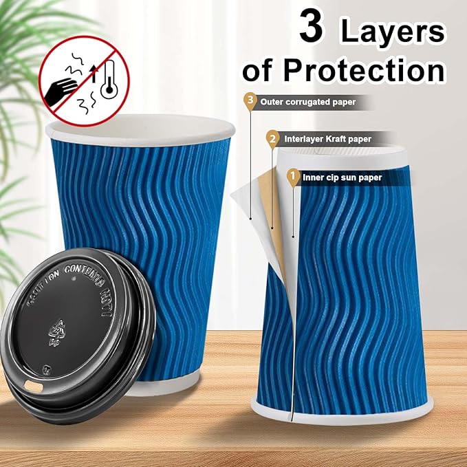 Clawsoff 100 Pack Coffee Cups with Lids 16 oz, Disposable Insulated Ripple Wall To Go Paper Coffee Cups for Hot/Cold Drinks Office Home Shop Event (Navy)