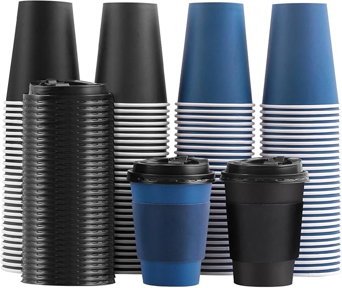 SIUQ 100 Pack 12 oz Coffee Cups with Lids, Disposable Paper Coffee Cups with Sleeves for Hot/Cold Drinks Parties, Picnic, Travel, and Events (Navy and Black)