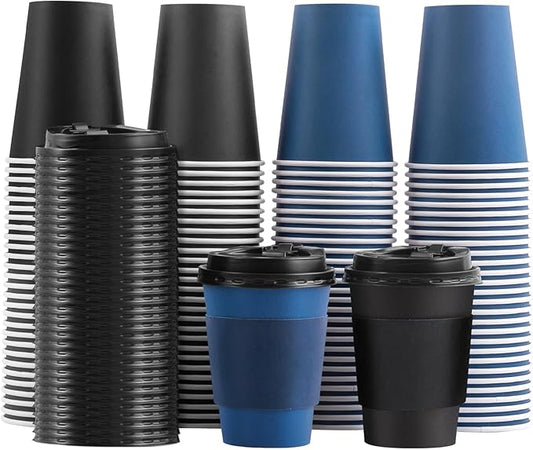 SIUQ 100 Pack 12 oz Coffee Cups with Lids, Disposable Paper Coffee Cups with Sleeves for Hot/Cold Drinks Parties, Picnic, Travel, and Events (Navy and Black)