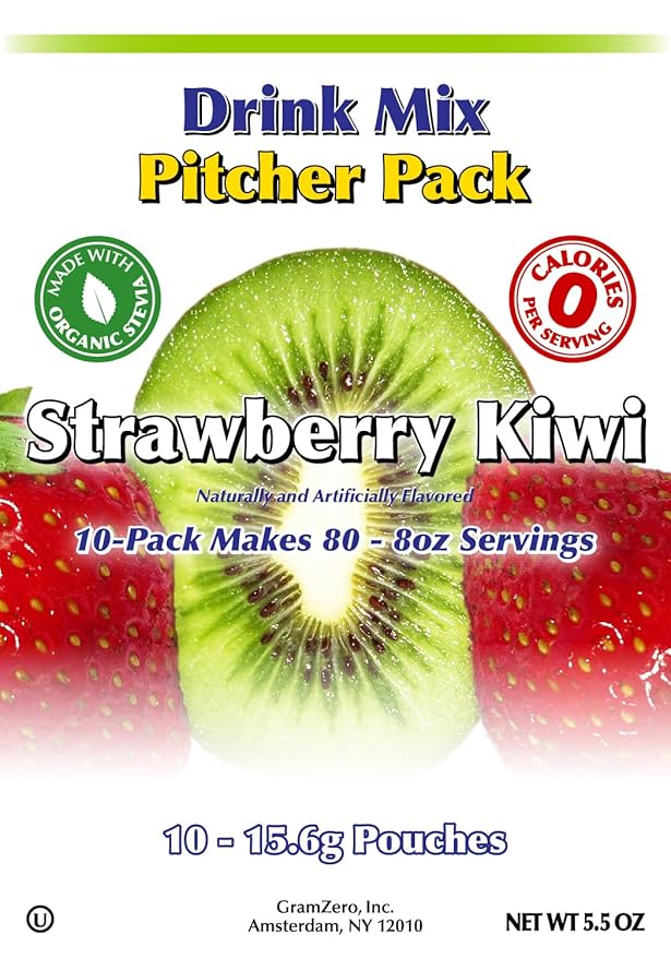 GramZero Strawberry Kiwi, Sugar Free Drink Mix, Pitcher Pack, Great For Nutrition Club Loaded Tea, Zero Calorie, Stevia Sweetened