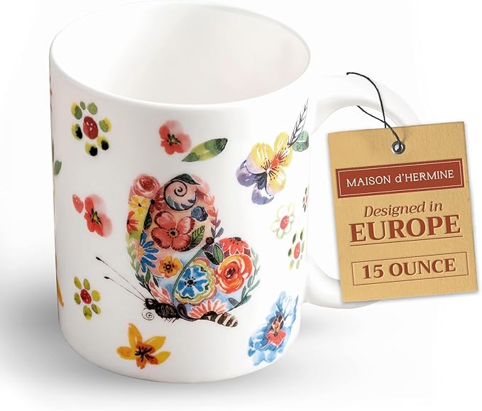 Maison d' Hermine Coffee Mug with Handles Fine Bone China Mugs Pack of One Tea Cups for Hot Beverages Cappuccino Latte Home Office Perfect for Gift (Happy Florals - High Summer Butterfliess, 15 Ounce)