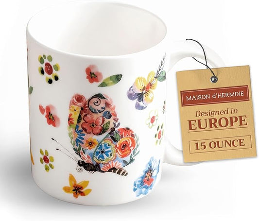 Maison d' Hermine Coffee Mug with Handles Fine Bone China Mugs Pack of One Tea Cups for Hot Beverages Cappuccino Latte Home Office Perfect for Gift (Happy Florals - High Summer Butterfliess, 15 Ounce)
