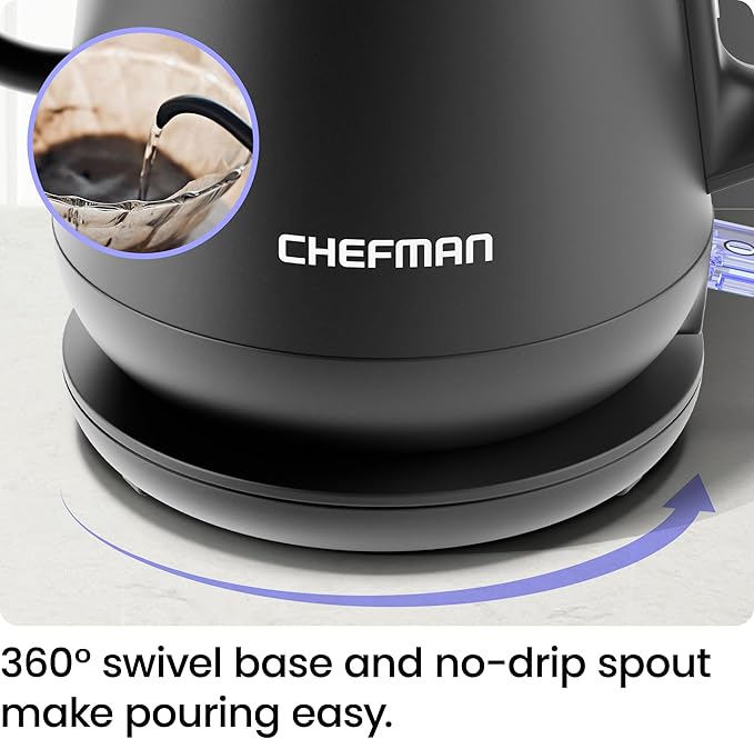 Chefman Gooseneck Electric Kettle, 0.8L Pour Over Tea Kettle for Coffee and Tea, One-Touch Operation, Boil-Dry Protection, Auto Shut-Off, Ultra-Fast Hot Water Boiler – Black (Renewed)