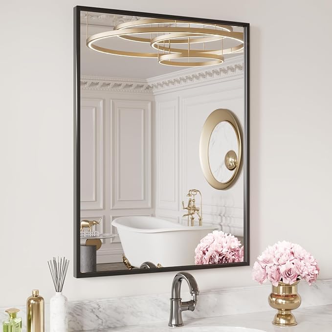 LOAAO 24"X32" Black Rectangle Bathroom Mirror Wall, Matte Black Aluminum Alloy Frame, Tempered Glass, Hangs Vertically or Horizontally, Easy to Install