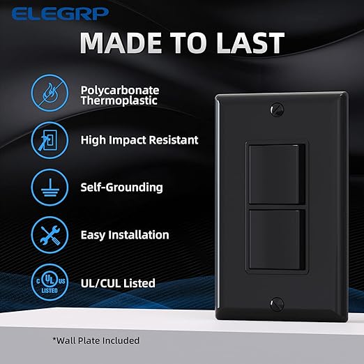 ELEGRP Decorator Double Rocker Light Switch, Two Single Pole Electrical Paddle, 15A 120V, In-Wall On/Off, Self-grounding, Wall Plate Included, UL Listed (1 Pack, Glossy Black)