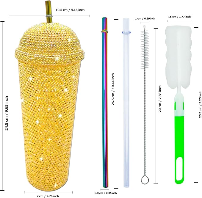 24oz Bling Cup Handmade Rhinestones Studded Tumbler Double Wall Insulated Plastic Reusable Water Bottle with Lid and Straws for Home Office Party Beach(Golden)