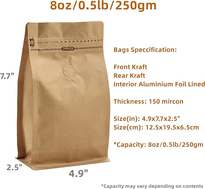 Resealable Kraft Paper Coffee Bags with Degassing Valve, Flat Bottom Side Gusset Stand Up Pouches with Zipper Lock (Pack of 100, Size for 8 oz/250 grams Beans or Ground)