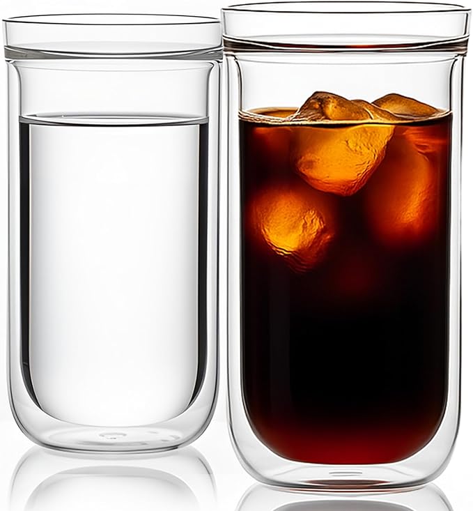 Aquach Double Wall Glass Cup 16oz 2pcs, Clear Insulated Coffee Drinking Glasses, Single Mouth/Double Body