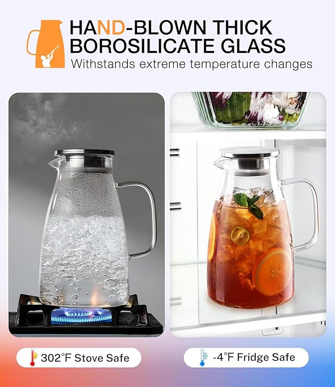 LUNA & MANTHA 2 Liter 68oz Water Pitcher with Handle and Spout, Glass Pitcher with Lid for Fridge, Borosilicate Glass for Sangria, Iced Tea, Juice, Cold/Hot Beverage, Large Jug with 2 Silicone Rings