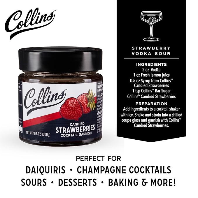 Collins Strawberries in Syrup, Cocktail Garnish for Daiquiris, Sours, Champagne, Desserts and Baked Goods, Garnishing Syrups, Home Bar Accessories, Candied Strawberry, 10.6 oz, Set of 1