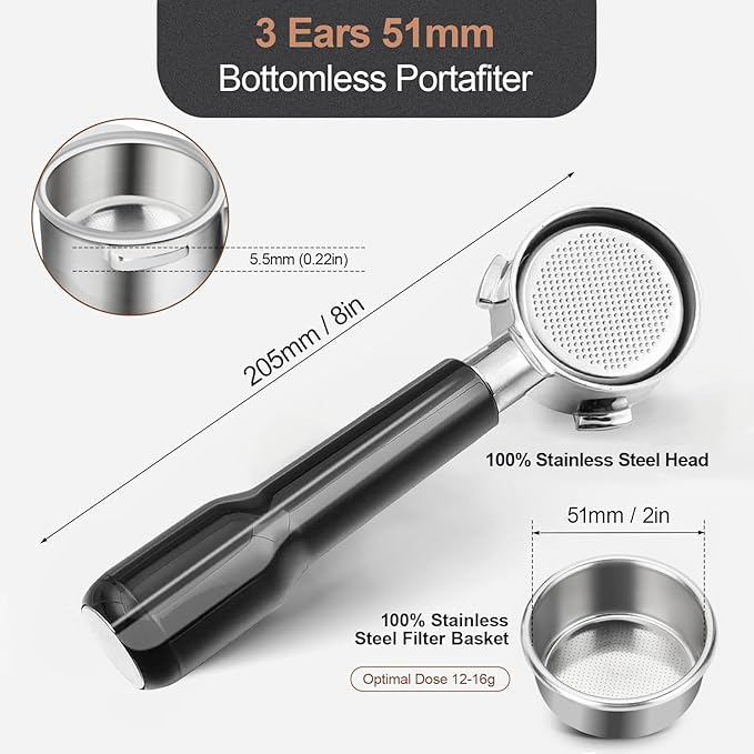 51mm Bottomless Portafilter & Puck Screen, 3 Ears Stainless Steel Head, Only Compatible with De'Longhi EC680, EC685, and SMEG ECF01, Includes 304 Stainless Steel Filter Basket
