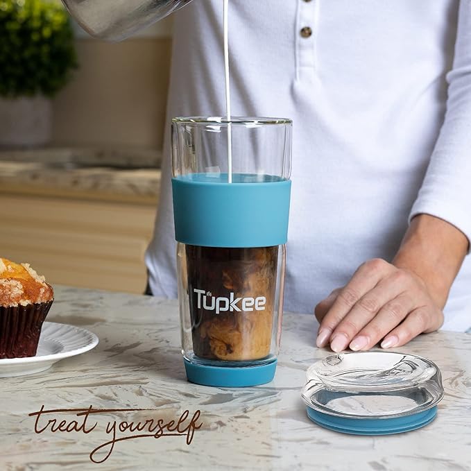 Tupkee Double Wall Glass Tumbler - 14-Ounce, All Glass Reusable Insulated Tea/Coffee Mug & Lid, Hand Blown Travel Mug - Niagara