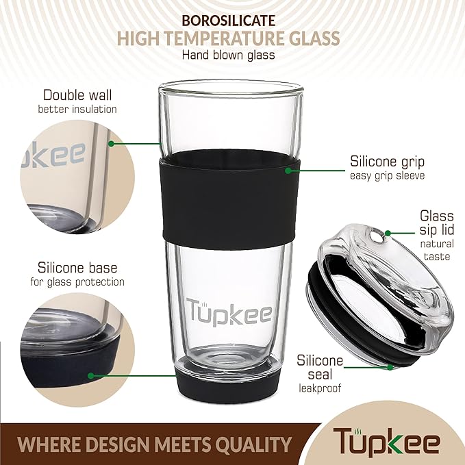 Tupkee Double Wall Glass Tumbler - 14-Ounce, All Glass Reusable Insulated Tea/Coffee Mug & Lid, Hand Blown Travel Mug - Black
