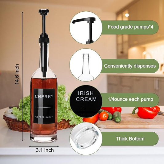 MSTCMZP 25.4 oz 750 ml Glass Coffee Syrup Dispenser for Coffee Bar With Pump & Lables Glass Syrup Bottle Included -4 Pack