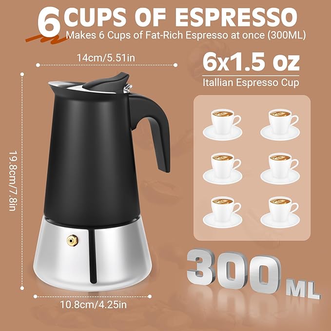 Suiitat Moka Pot, 6 Cups (10.6 oz) Stovetop Espresso Maker, 304 Stainless Steel Moka Pot, Induction Compatible, Black