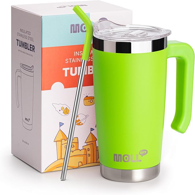 Kids Insulated Tumbler with Handle 20 oz Stainless Steel Double Wall Vacuum Travel Coffee Mug with Straw and Lid Reusable Drink Water Cup with Silicone Pad, BPA Free (Apple Green)