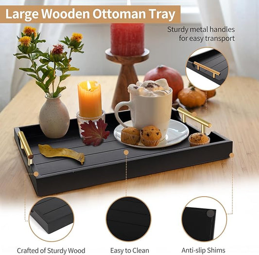 Coffee Table Trays - Large Ottoman Tray for Living Room -Wood Serving Tray with 2 Sets of Handles - Wooden Tray for Coffee Table, 4 Round Coasters Included, Black