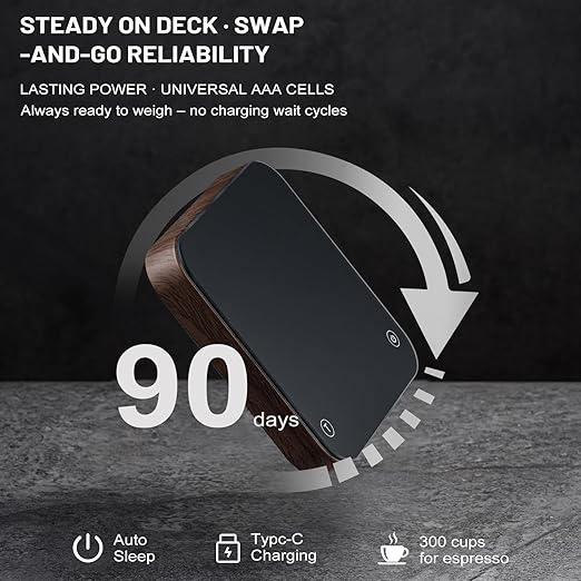 KitchenTour CaféMetric Coffee Scale with Timer 0.1g/2000g - Precision Small Scale for Espresso & Pour Over - Mini Scale with LED Display (Wood, Rechargeable)