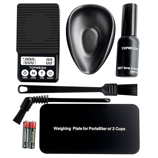 TOPWEIGH Waterproof Espresso Scale with Timer, 1000g x 0.1g, Portafilter Weighing Plate, Coffee Bean Dosing Cup, Spray Bottle, RDT Tool Set, Barista Cleaning Brushes & Batteries Included