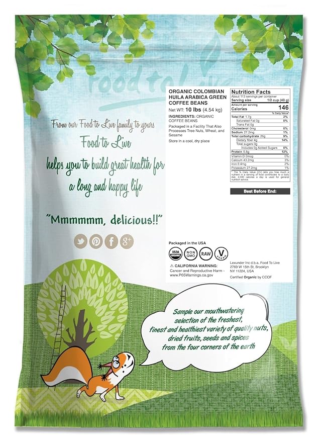 Food to Live Organic Colombian Huila Arabica Green Coffee Beans, 10 Pounds – Whole, Unroasted, Washed Bean. Single Origin. Fresh Crop. No-GMO, Vegan, Bulk