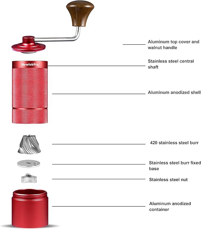 NewlukPro M6 Manual Coffee Grinder,Beautiful Design for Women,Smooth Grinding & Labor Saving,Portable Mini Hand Coffee Grinder for Espresso Pour Over French Press at Home or Camping Travling,Red