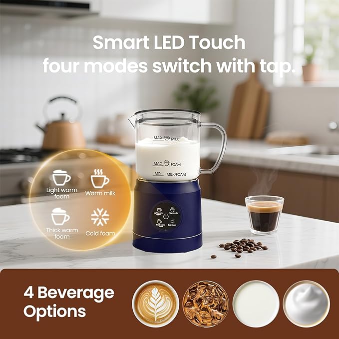 4-in-1 Milk Frother, Electric Milk Frother and Steamer with LED Touch Screen, Non-stick Bottom, Milk Warmer 13.52oz for Lattes, Cappuccinos, and Macchiatos at Home (Navy blue)
