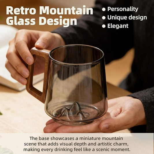 Gray Glass Slanted Coffee Cups with Wooden Handle, 15.2oz Large Glass Mugs with Handle, 3D Mountain Bottom Clear Coffee Mugs for Café & Tea Lovers, Vintage Style Wood Handle Mug for Home, Gift