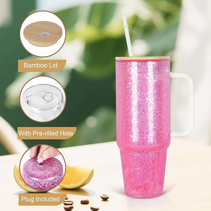 40 Oz Snow Globe Glass Cup With Handle, 2 Pack Pre-Drilled Double Wall Glass Coffee Mug For Snow Globe Diy Glitter
