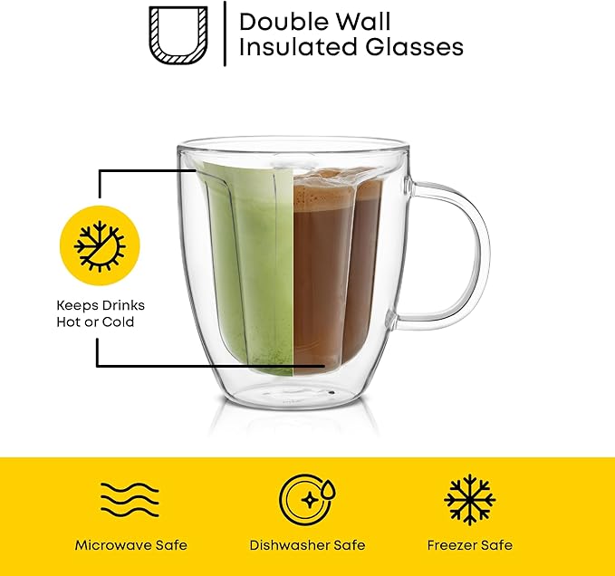 JoyJolt Disney Mickey Mouse 3D Glass Cups Set of 2, 10oz Insulated Double Wall Glass Coffee Cups with 3D Design, Insulated Disney Coffee Cup Set, Unique Mugs also for Espresso