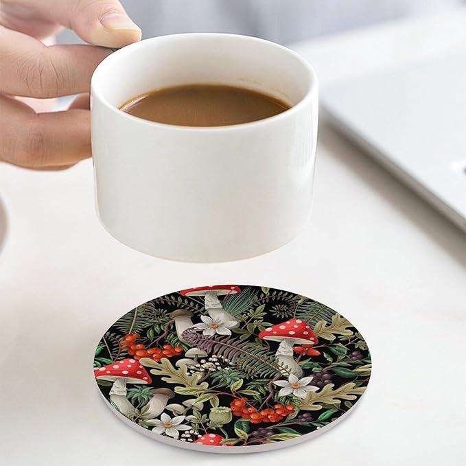 Round-4PCS Botanical Drink Coasters, Round Modern Ceramic Absorbent Coasters, Wild Floral Botanical Mushroom Nature Plants Herbs Decor Desk Coffee Table Coaster for Beverage Cup Tea Coasters