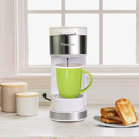 Kenmore Single Serve Coffee Maker – Compatible with Keurig K‑Cup Pods & Ground Coffee, One Cup Brewer, 6–14 Oz Brew Sizes, Travel Mug Friendly, Auto Shut‑Off, Hot & Iced Maquina de cafe, White