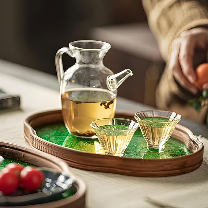 IwaiLoft Glass Serving Tray with The Crabapple Pattern Glass and Walnut for Kitchen Countertop Home Decor for Coffee Table, Also Suitable for Tea Coffee Decorative Trays (Green,11.4" x 7.8" x 1")