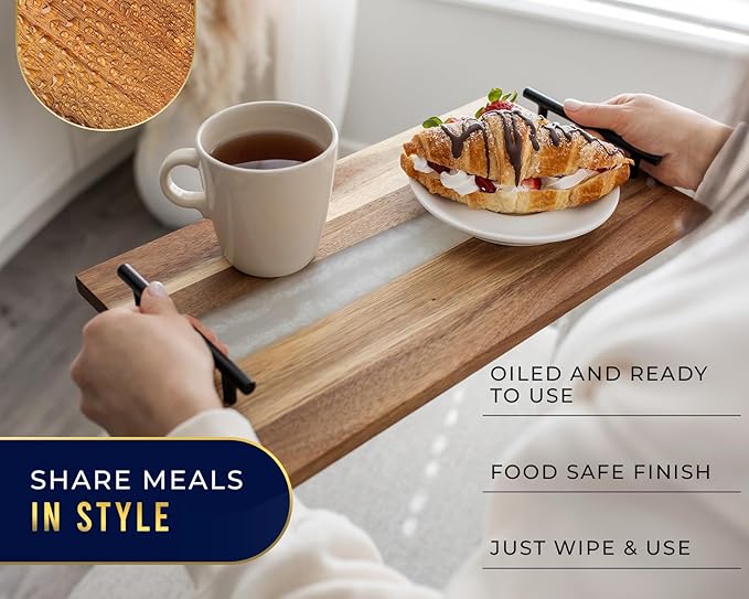 Comfify Visually Stunning Pearl White Resin + Acacia Wood Charcuterie Serving Board with Handles - 16x9 Serving Tray for Food, Breakfast in Bed, Coffee Table, Decor, Organization, Snacks, Patio, BBQ