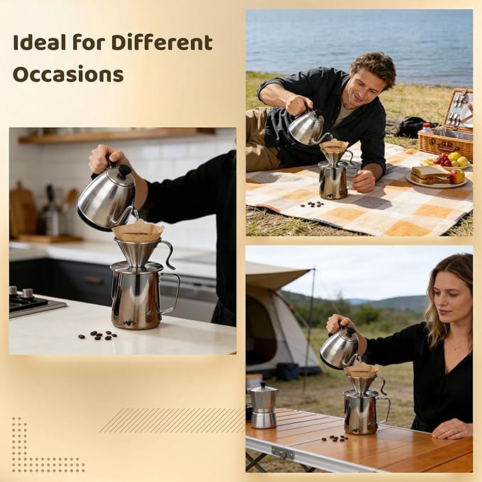 ZALIR Pour Over Coffee Maker, 304 Stainless Steel Dripper with 20 oz Frothing Pitcher & 100 Paper Filters for Rich Flavor, Portable Manual Coffee Brewer Set for Kitchen, Camping