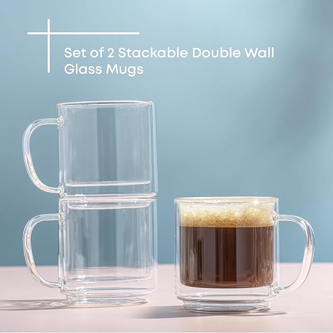JoyJolt Haven Stackable Double Wall Glass Mugs, Set of 2 (13.5oz) Insulated Coffee Cups, Double Wall Glass Coffee Cups, Tea Cups, Latte Cups, Cappuccino Cups, Clear mugs set of 2